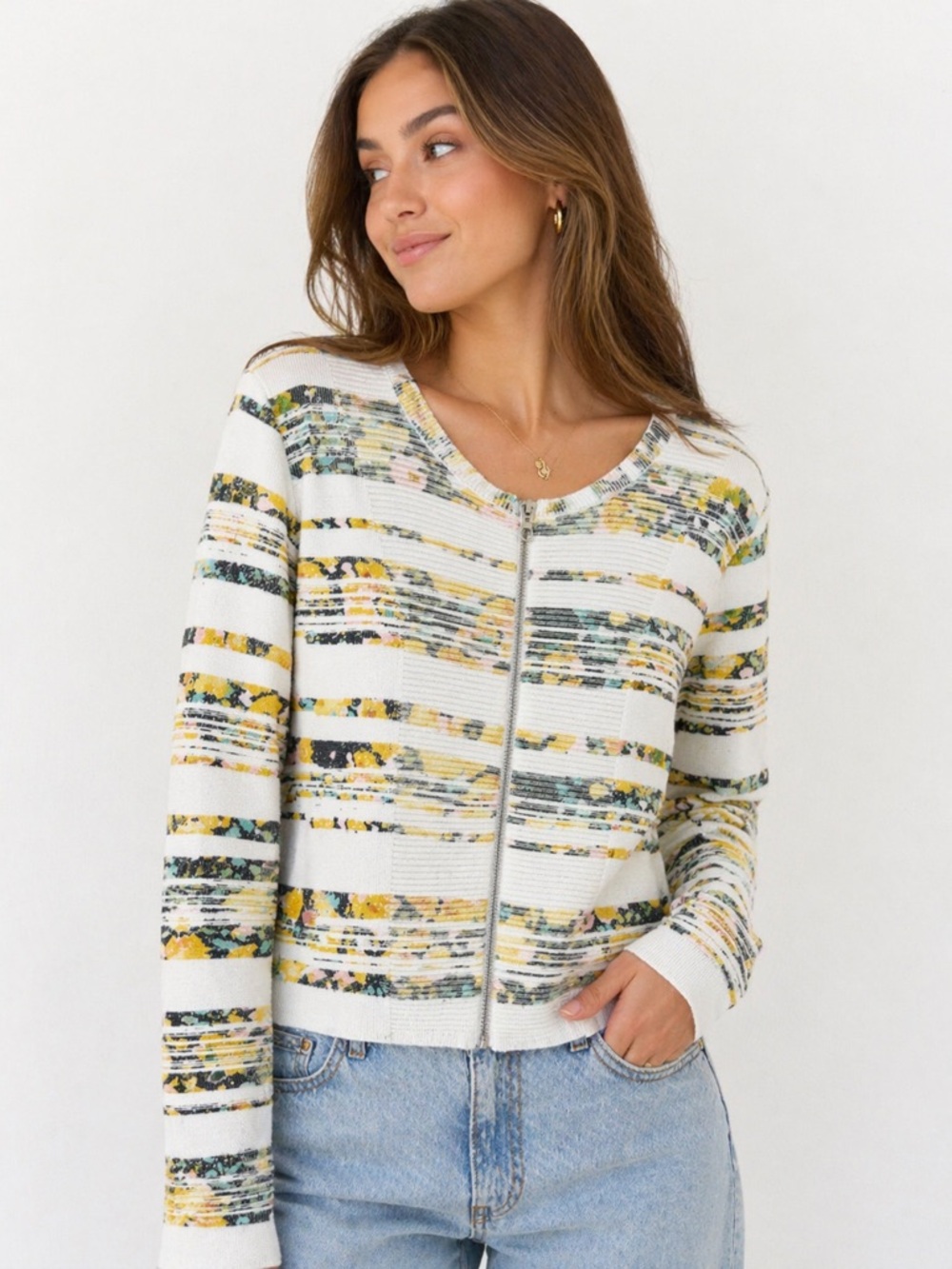 Anthropologie Moth Zip Front Floral Stripe Cardigan Sweater M